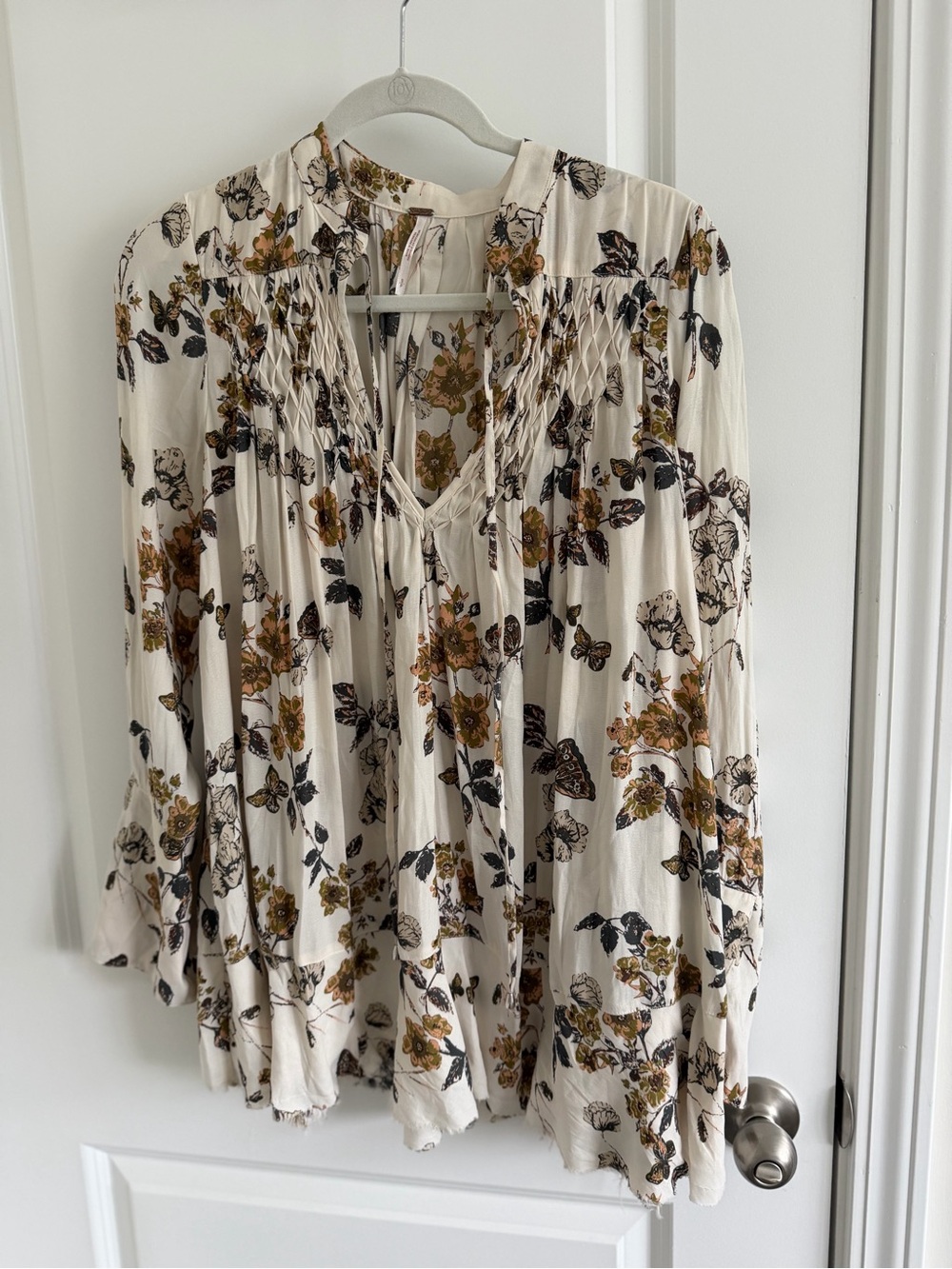 Free People Cream Floral Smocked Peasant Tunic - Mustard & Black Print